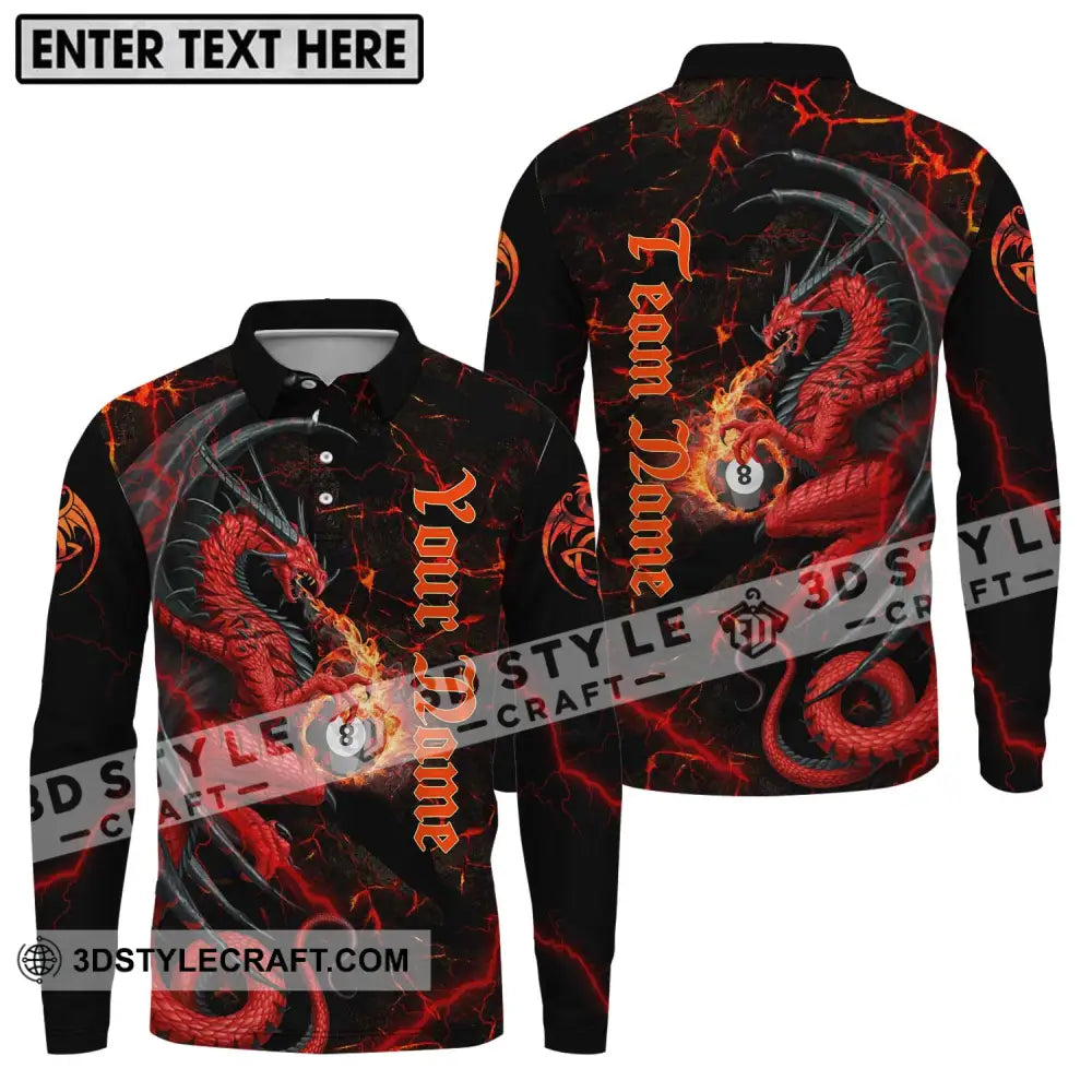 Unisex Shirt - Custom Name And Team Billiard Fire Dragon Long Sleeve Polo / S T-Shirt