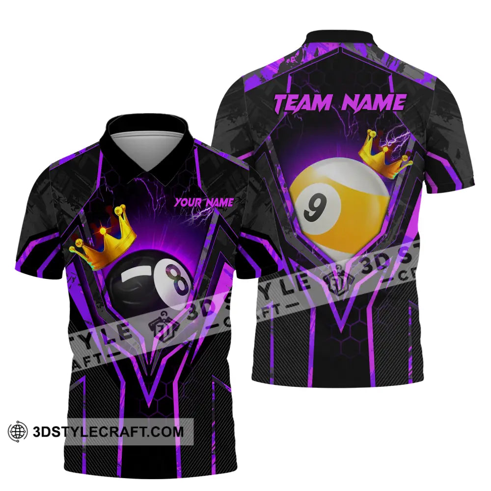 Unisex Shirt - Custom Name And Team Billiard Purple Line Crown Polo / S T-Shirt