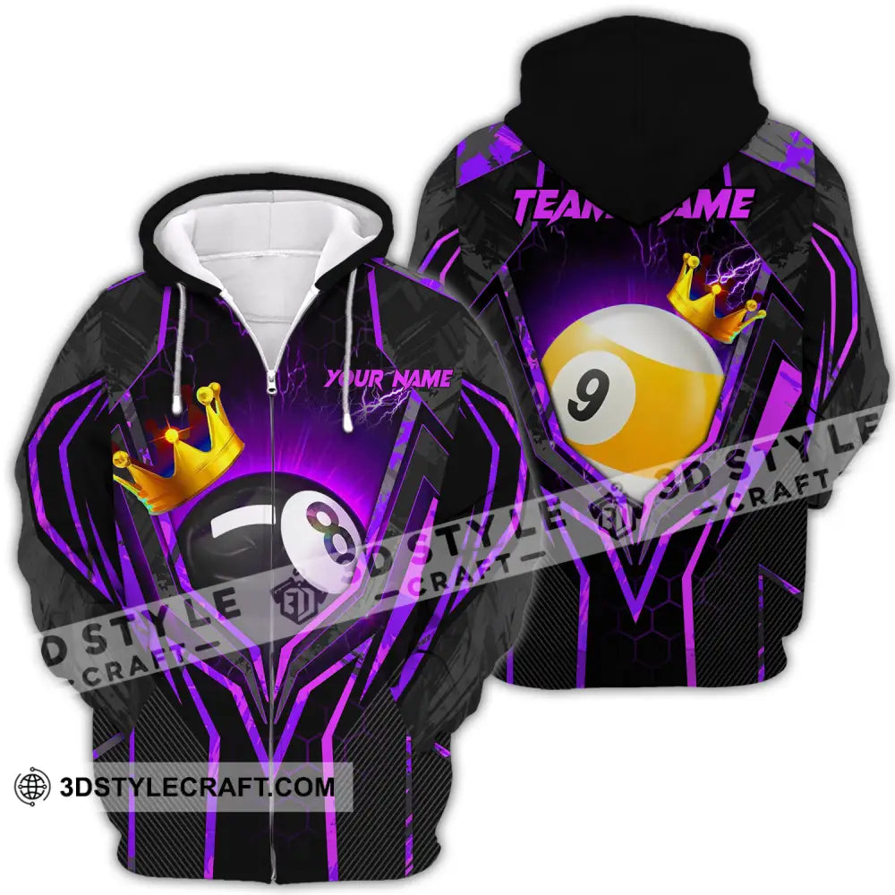 Unisex Shirt - Custom Name And Team Billiard Purple Line Crown Zipper Hoodie / S T-Shirt