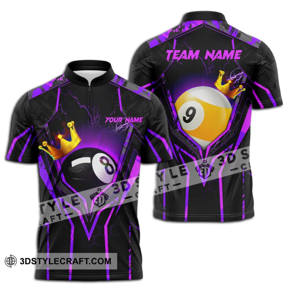 Unisex Shirt - Custom Name And Team Billiard Purple Line Crown Zipper Polo / S T-Shirt