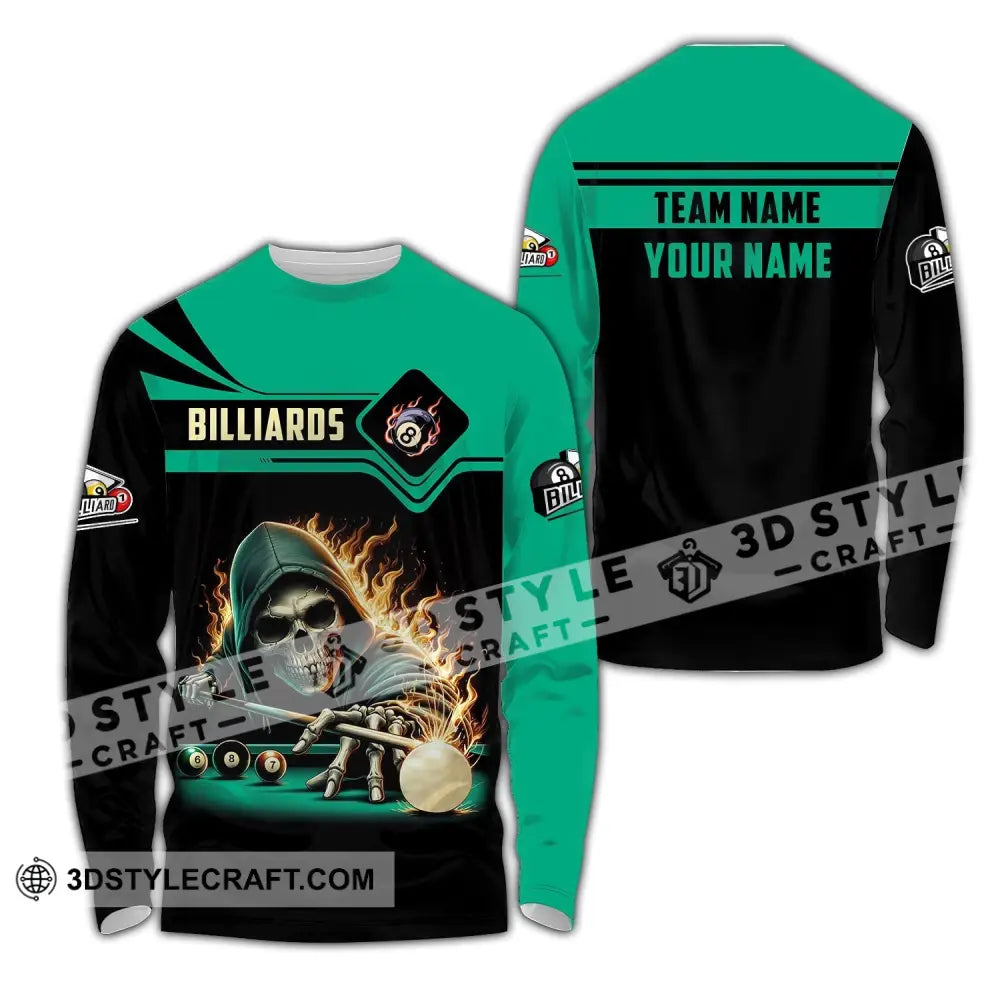 Unisex Shirt Custom Name And Team Billiards Polo Long Sleeve Skull T-Shirt / S