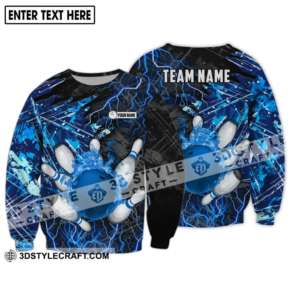 Unisex Shirt - Custom Name And Team Blue Lightning Bowling Long Sleeve / S T-Shirt