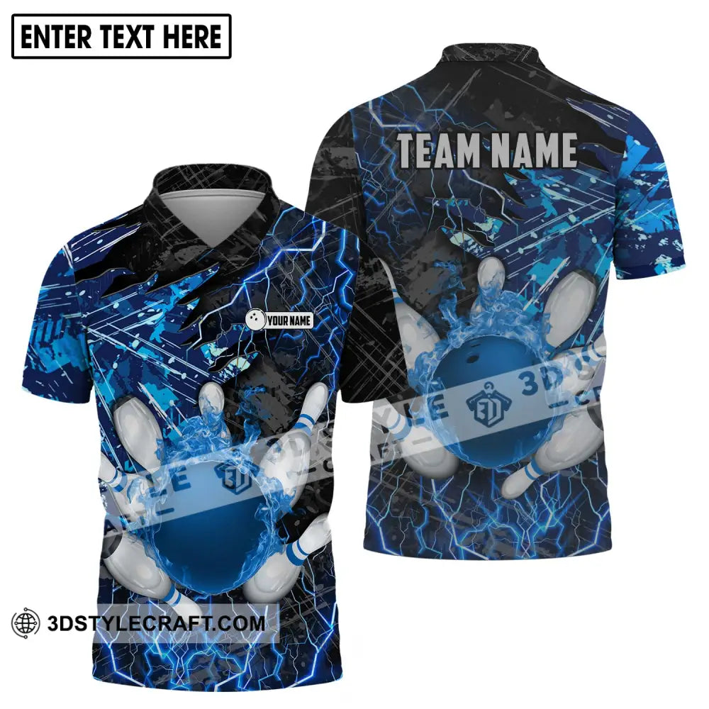 Unisex Shirt - Custom Name And Team Blue Lightning Bowling Polo / S T-Shirt