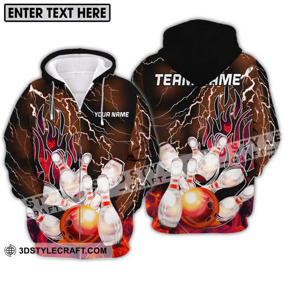 Unisex Shirt - Custom Name And Team Bowling Fire Ball Pins Zipper Hoodie / S T-Shirt