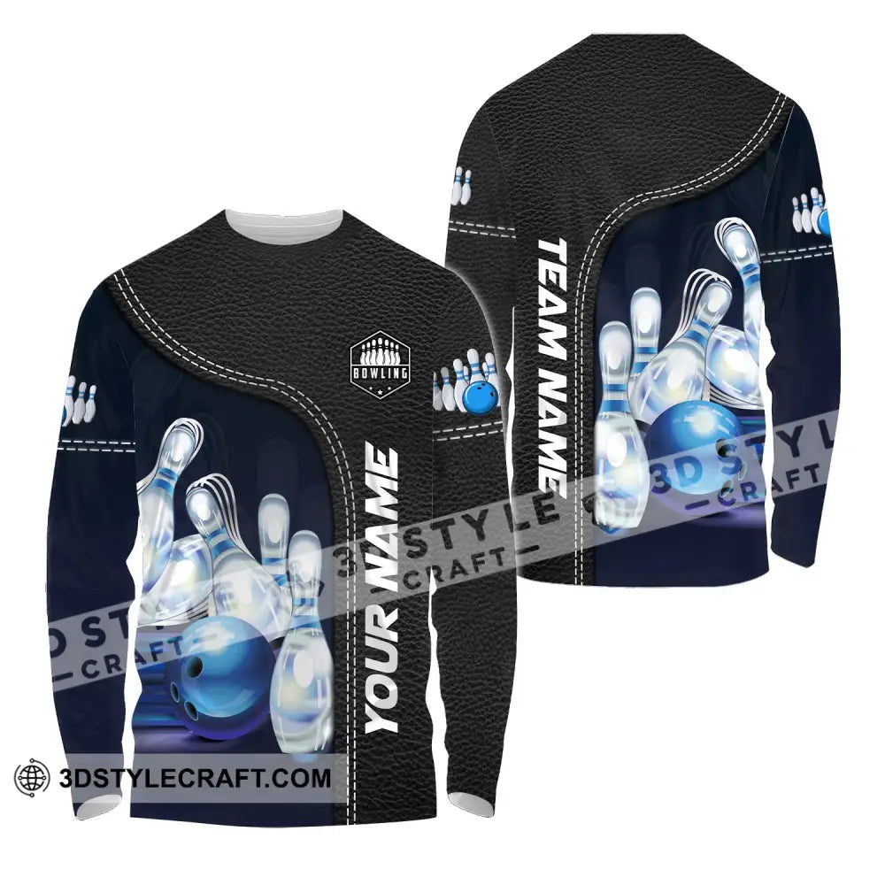 Unisex Shirt - Custom Name And Team Bowling Ice Pins Blue Ball Long Sleeve / S T-Shirt