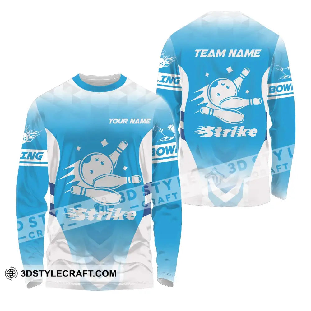 Unisex Shirt - Custom Name And Team Bowling Light Blue Strike Long Sleeve / S T-Shirt