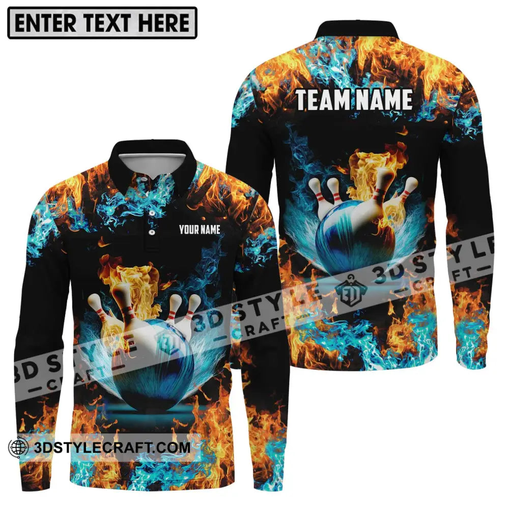 Unisex Shirt - Custom Name And Team Bowling Lover Fire Water Long Sleeve Polo / S T-Shirt