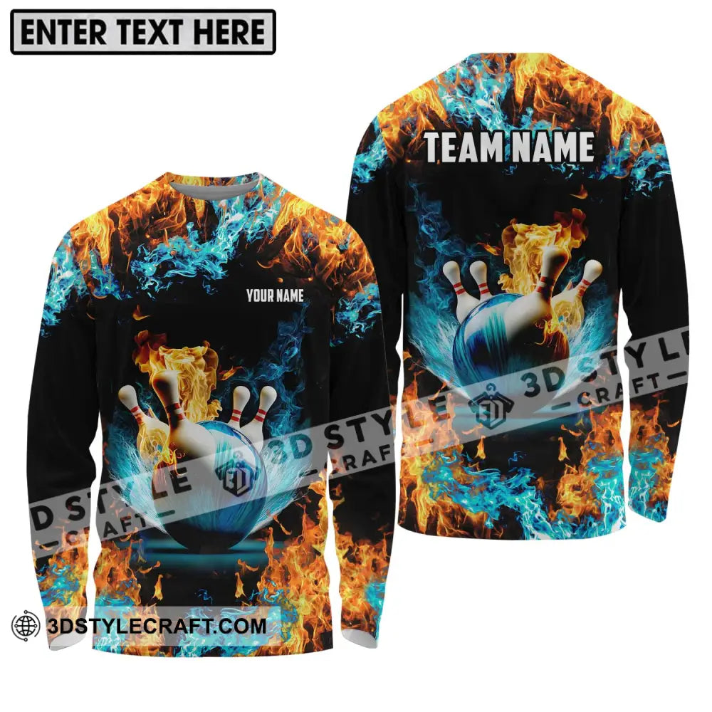 Unisex Shirt - Custom Name And Team Bowling Lover Fire Water Long Sleeve / S T-Shirt