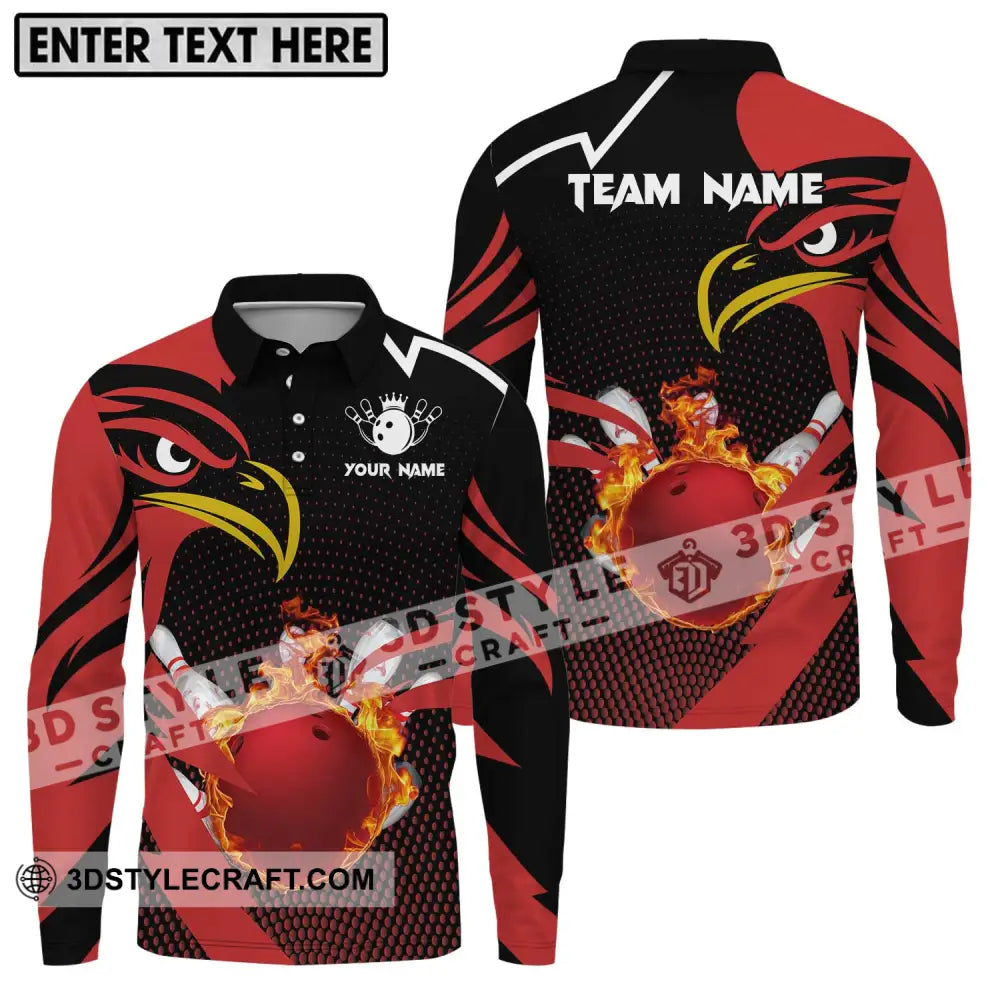 Unisex Shirt - Custom Name And Team Bowling Lover Red Eagle Long Sleeve Polo / S T-Shirt