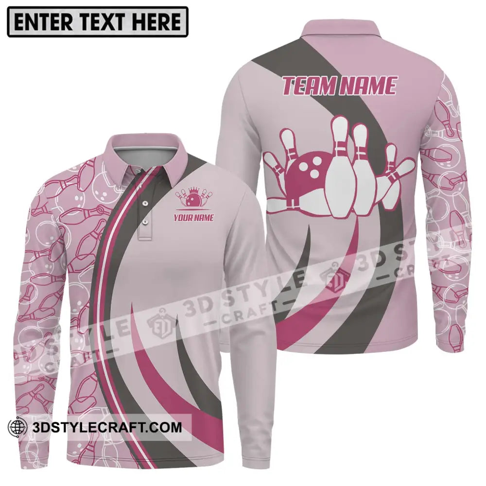 Unisex Shirt - Custom Name And Team Bowling Pink Long Sleeve Polo / S T-Shirt