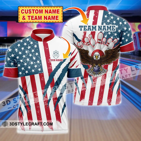 Unisex Shirt, Custom Name and Team Name Bowling Polo Shirt, America Flag Bowling T-Shirt, Bowling Hoodie Long Sleeve Shirt style option 1