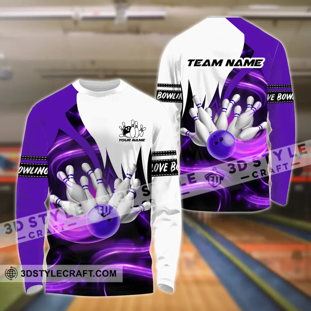 Unisex Shirt - Custom Name And Team Bowling Purple Motifs Long Sleeve / S T-Shirt