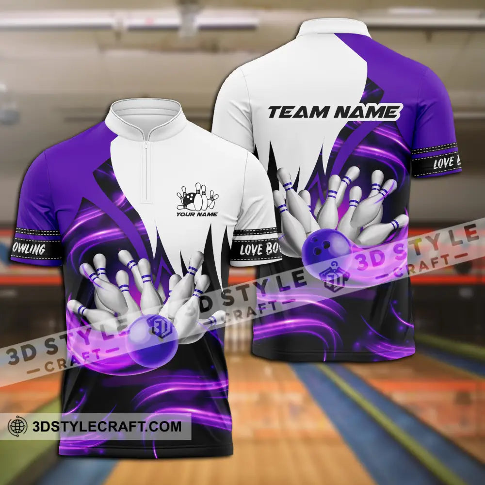 Unisex Shirt - Custom Name And Team Bowling Purple Motifs Zipper Polo / S T-Shirt