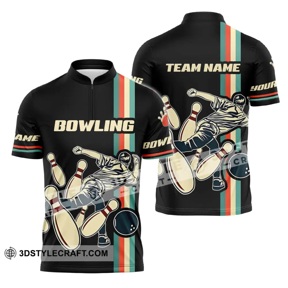 Unisex Shirt - Custom Name And Team Bowling Retro Color Zipper Polo / S T-Shirt