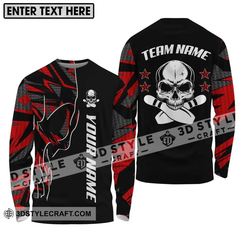 Unisex Shirt - Custom Name And Team Bowling Skull Pins Long Sleeve / S T-Shirt