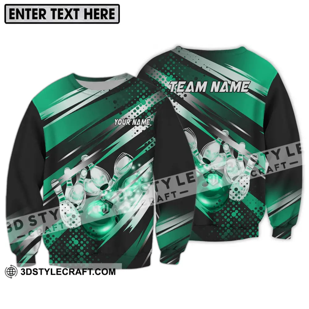 Unisex Shirt - Custom Name And Team Emerald Bowling Ball Pins Long Sleeve / S T-Shirt