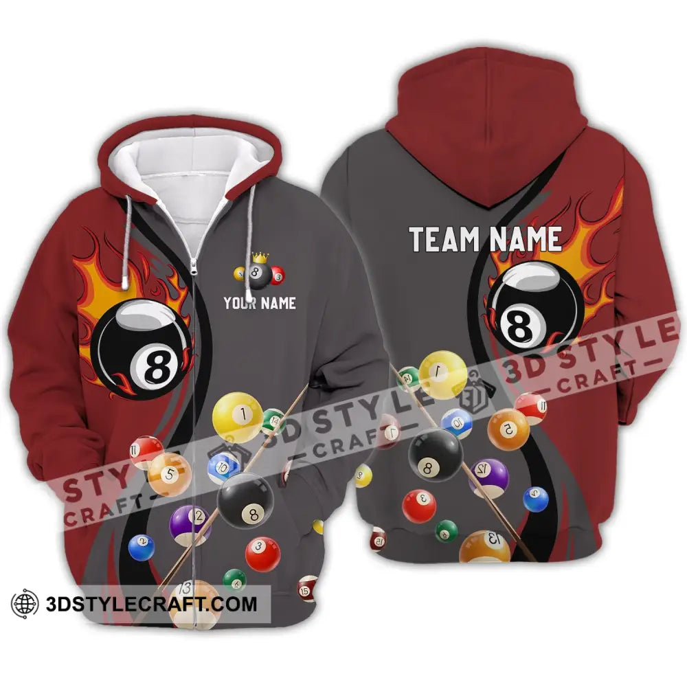 Unisex Shirt - Custom Name And Team Fire Billiard Ball For Lover Zipper Hoodie / S T-Shirt