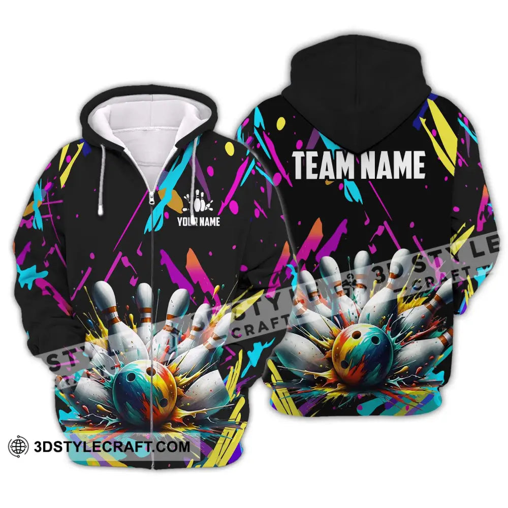 Unisex Shirt - Custom Name And Team Full Of Colorful Bowling Zipper Hoodie / S T-Shirt