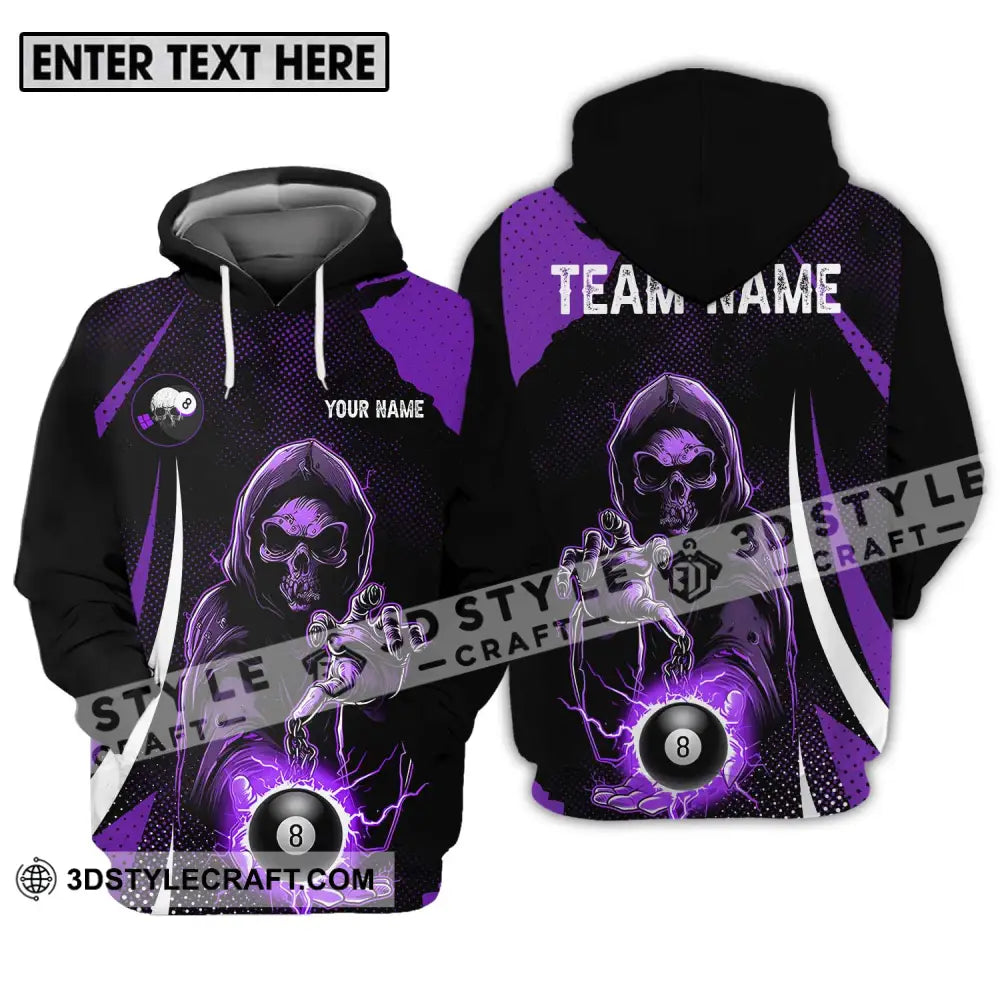 Unisex Shirt - Custom Name And Team Purple Billiard Skull No 8 Hoodie / S T-Shirt