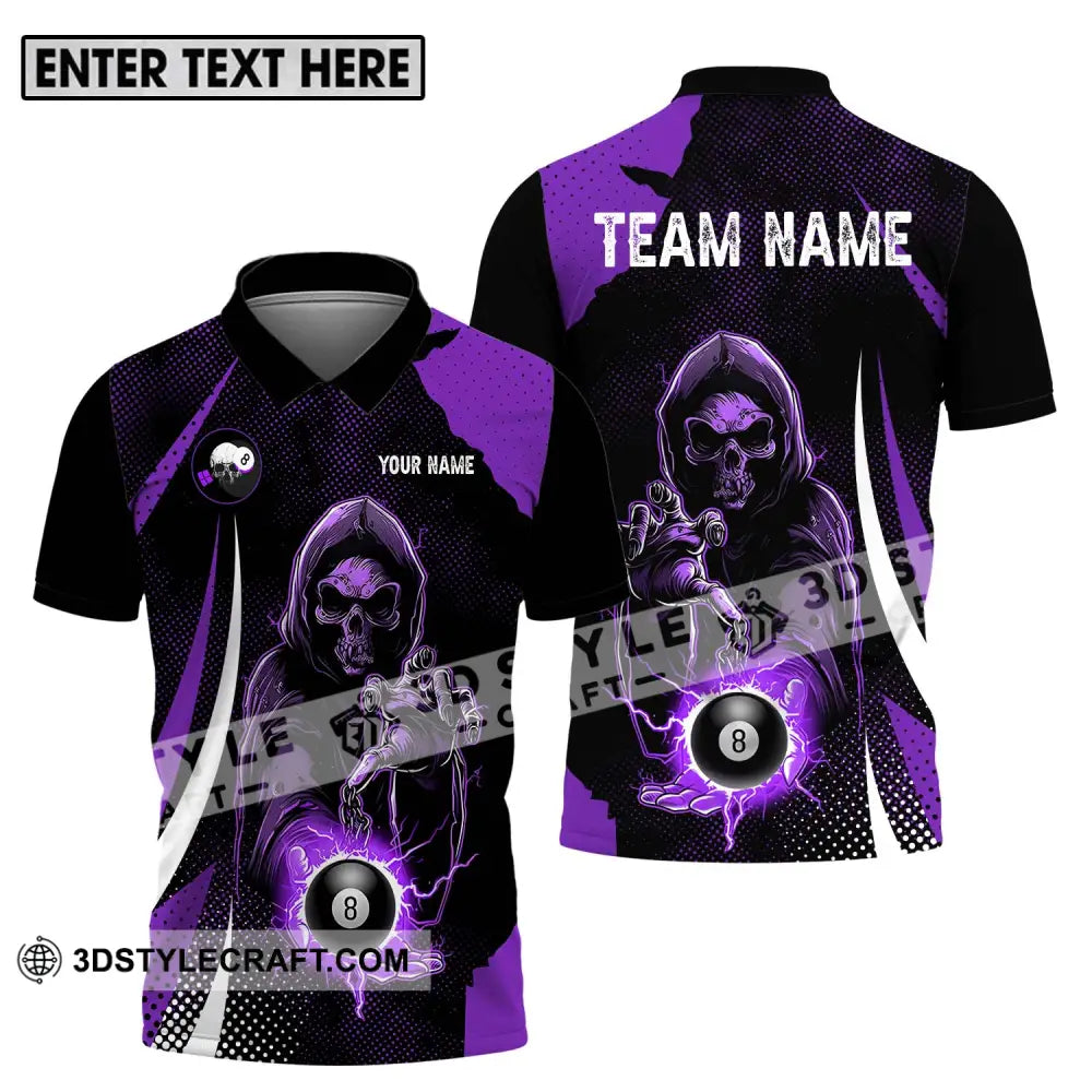 Unisex Shirt - Custom Name And Team Purple Billiard Skull No 8 Polo / S T-Shirt