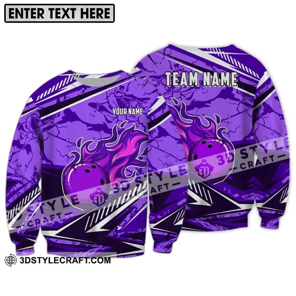 Unisex Shirt - Custom Name And Team Purple Fire Bowling Ball Player Long Sleeve / S T-Shirt