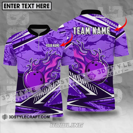 Unisex Shirt - Custom Name And Team Purple Fire Bowling Ball Player T-Shirt