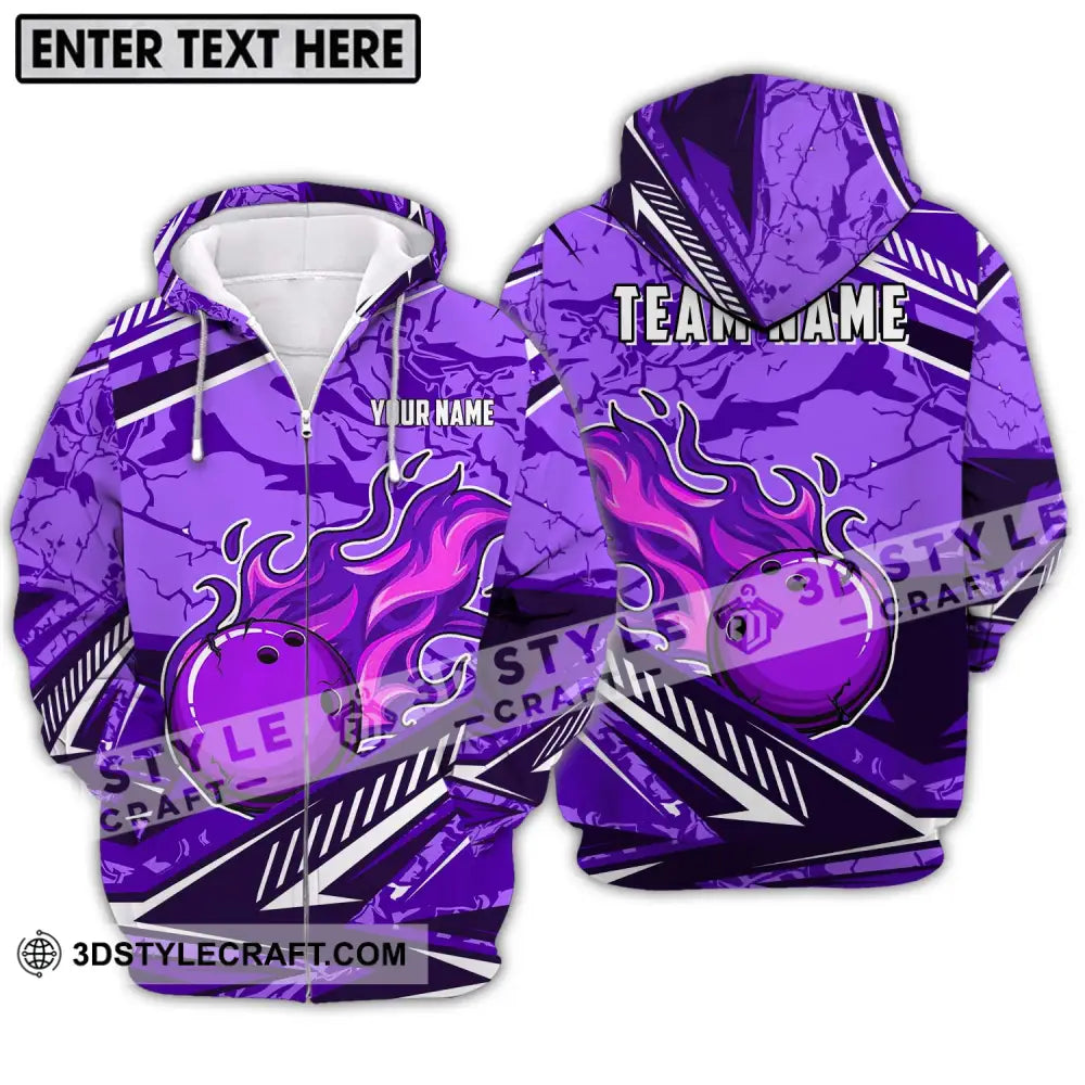 Unisex Shirt - Custom Name And Team Purple Fire Bowling Ball Player Zipper Hoodie / S T-Shirt