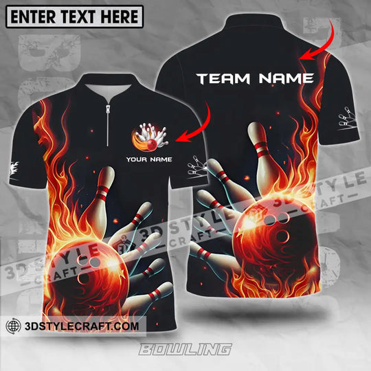 Unisex Shirt - Custom Name And Team Name Shirt, Red Fire Bowling Ball And Pins style option 1
