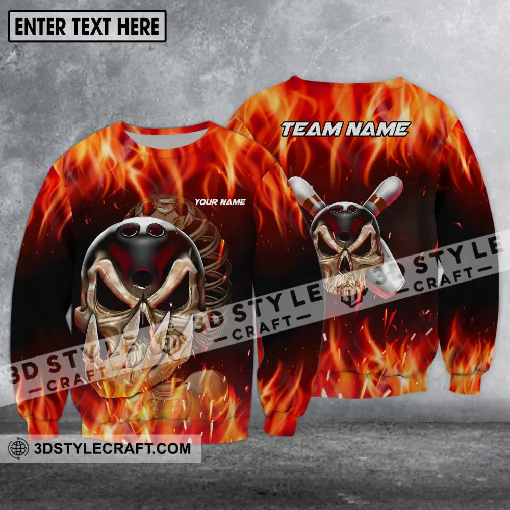 Unisex Shirt - Custom Name And Team Skull Fire Bowling For Lover Long Sleeve / S T-Shirt