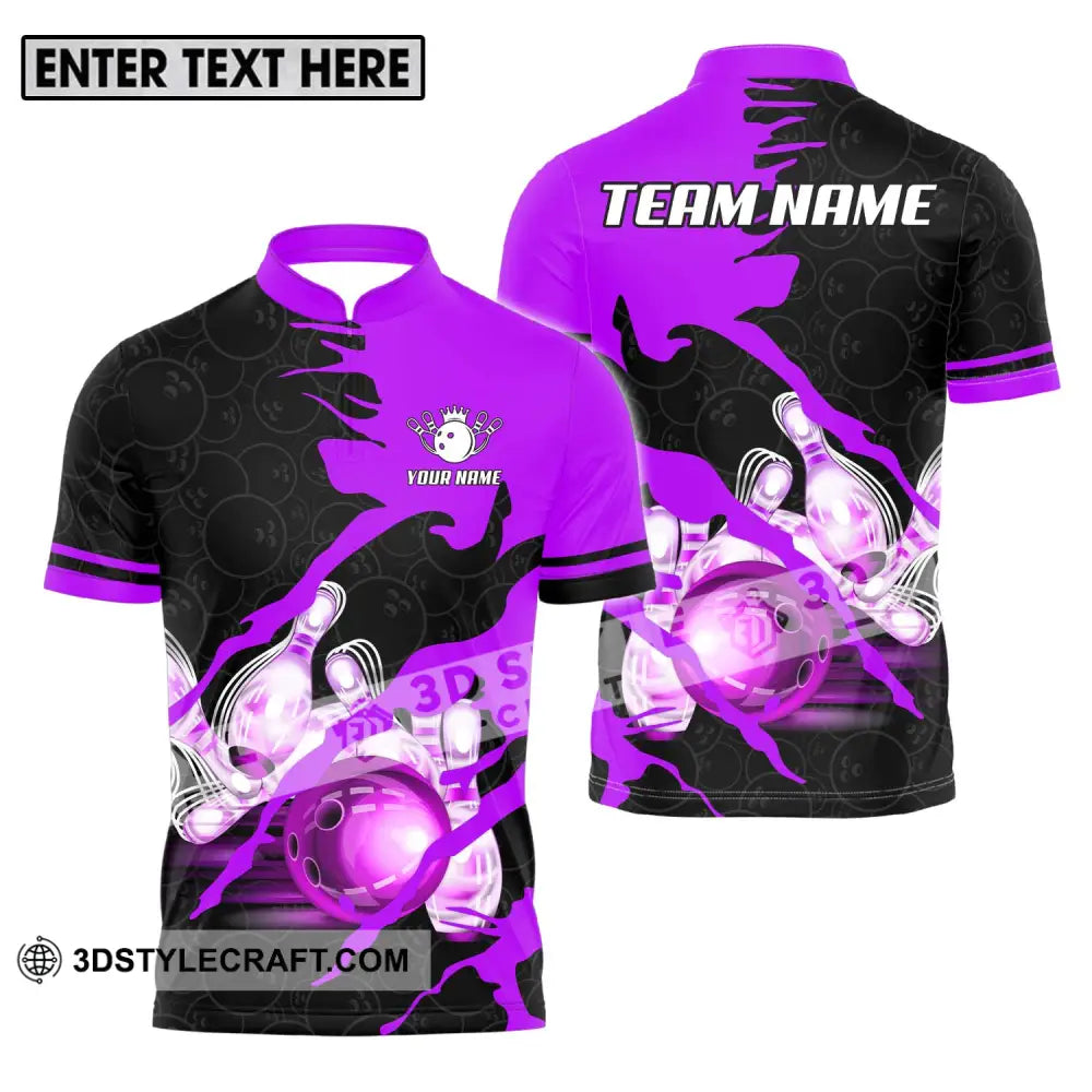 Unisex Shirt - Custom Name And Team Sport Bowling Purple Ball Zipper Polo / S T-Shirt