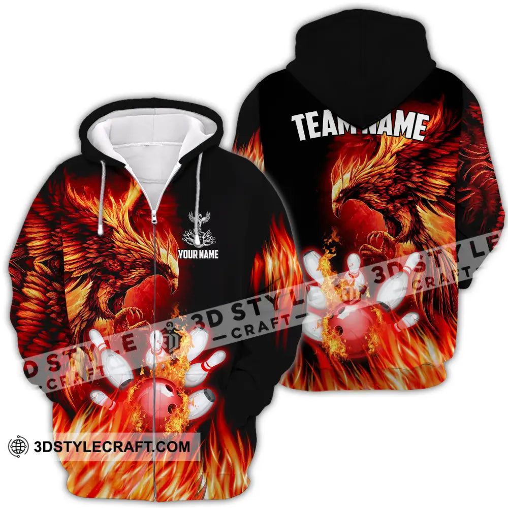 Unisex Shirt - Custom Name And Team Sport Fire Eagle Bowling Zipper Hoodie / S T-Shirt