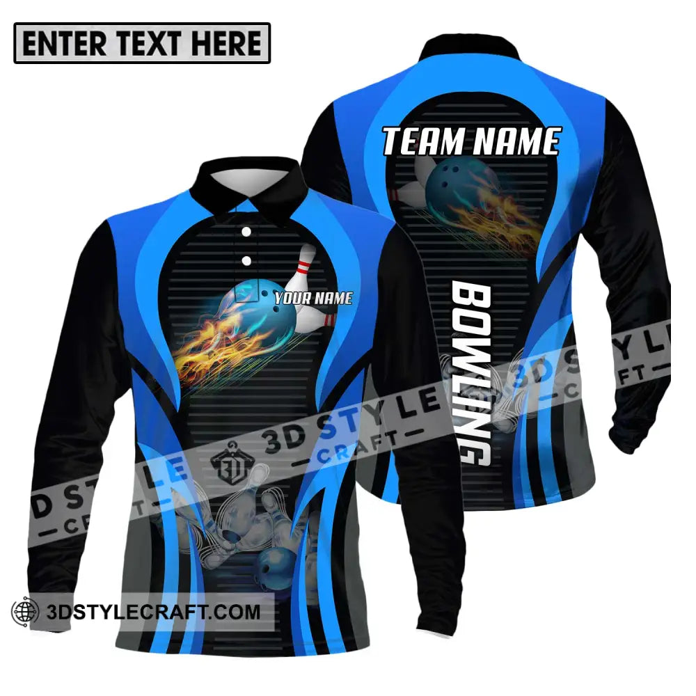 Unisex Shirt - Custom Name And Team Sport Fire Ice Bowling Ball Long Sleeve Polo / S T-Shirt