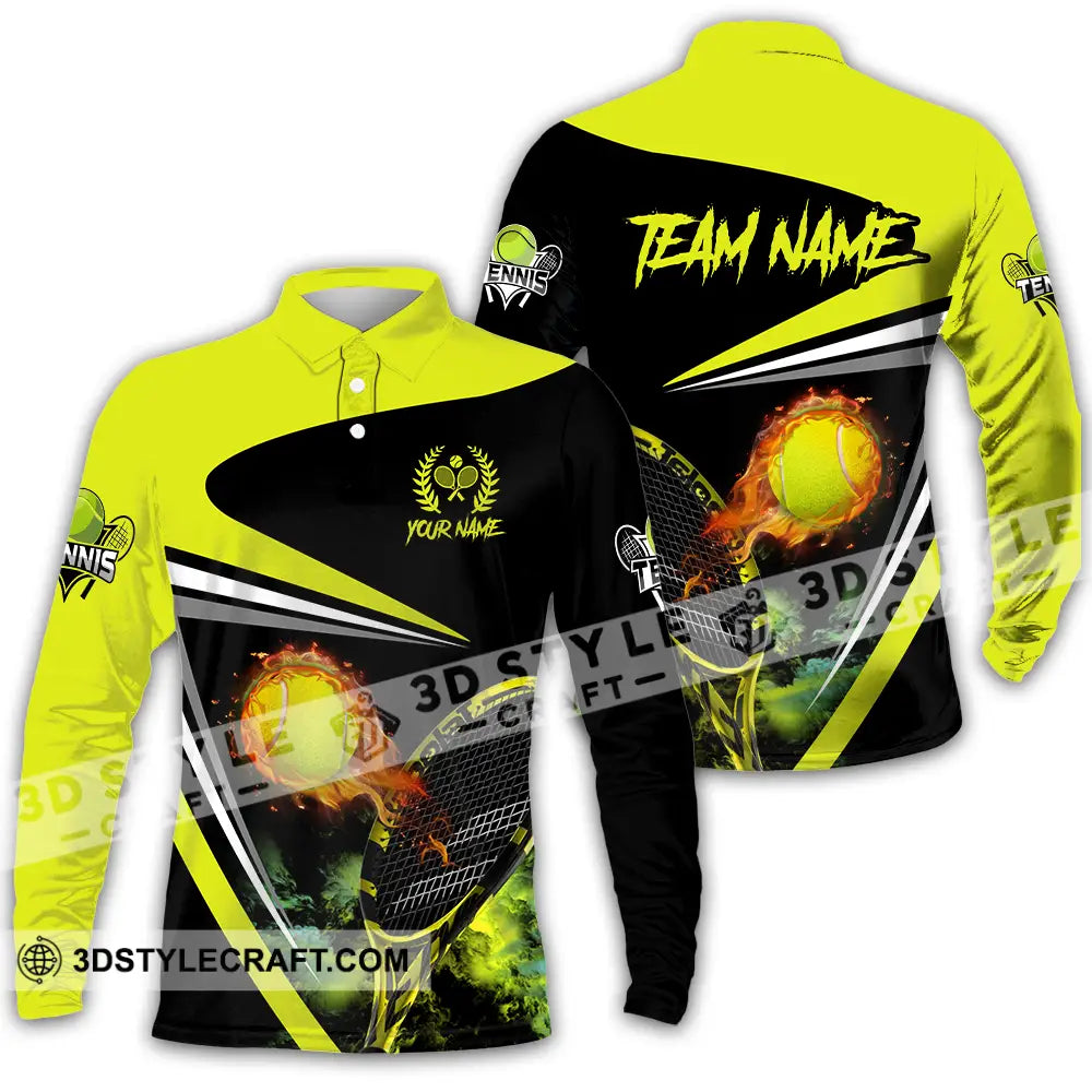 Unisex Shirt - Custom Name And Team Sport Fire Tennis Ball Long Sleeve Polo / S T-Shirt