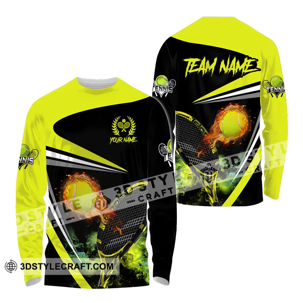 Unisex Shirt - Custom Name And Team Sport Fire Tennis Ball Long Sleeve / S T-Shirt