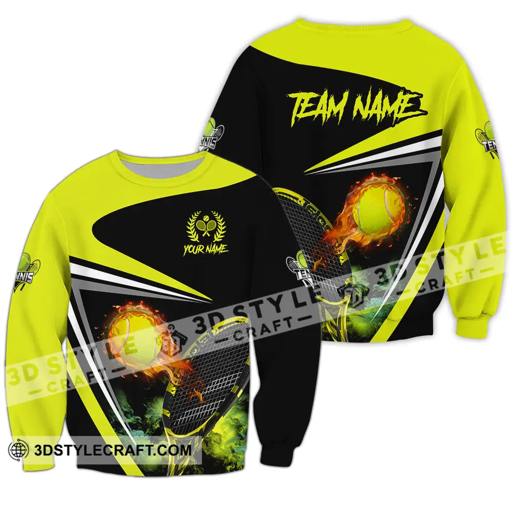 Unisex Shirt - Custom Name And Team Sport Fire Tennis Ball Long Sleeve / S T-Shirt