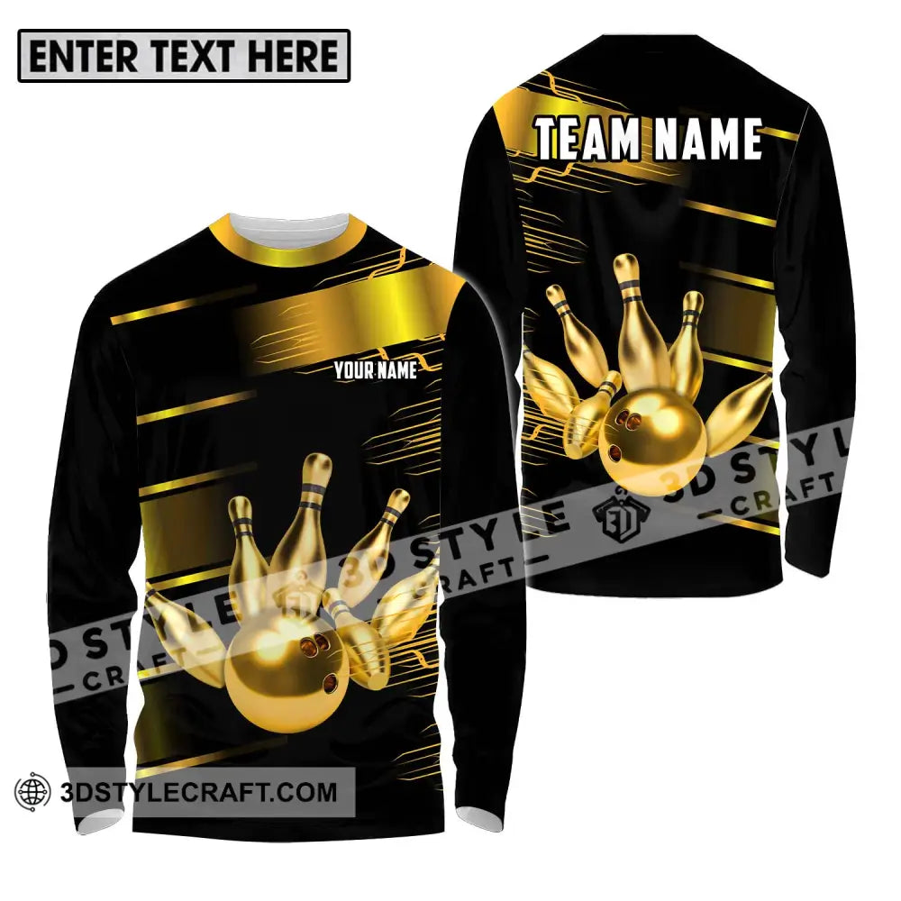 Unisex Shirt - Custom Name And Team Sport Gold Bowling Ball Pins Long Sleeve / S T-Shirt