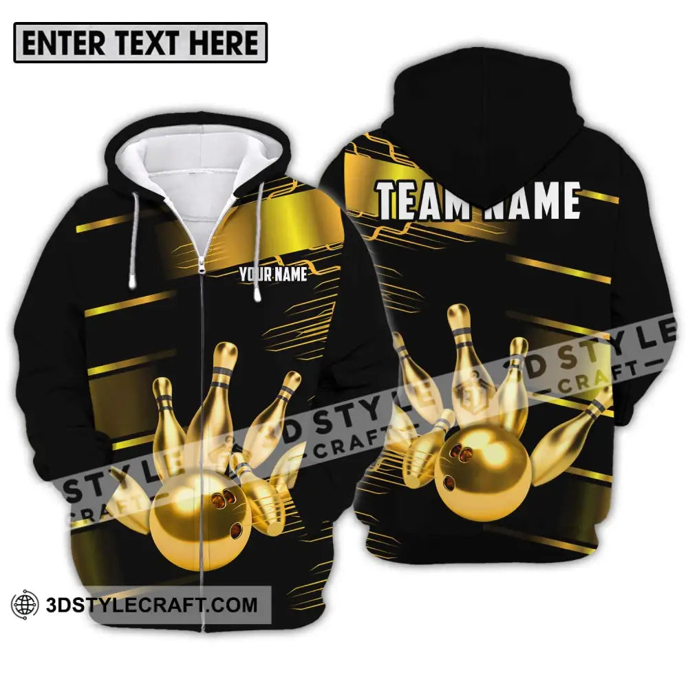 Unisex Shirt - Custom Name And Team Sport Gold Bowling Ball Pins Zipper Hoodie / S T-Shirt