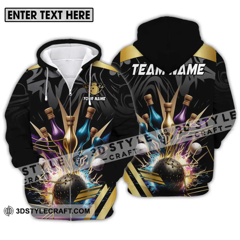 Unisex Shirt - Custom Name And Team Sport Golden Color Bowling Zipper Hoodie / S T-Shirt