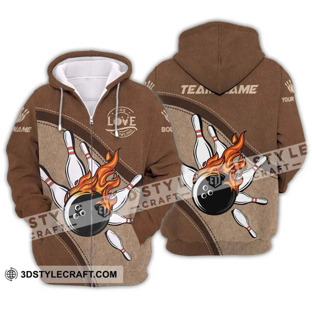 Unisex Shirt - Custom Name And Team Sport Love Fire Bowling Zipper Hoodie / S T-Shirt