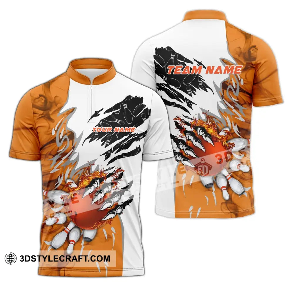 Unisex Shirt - Custom Name And Team Sport Orange Bowling Zipper Polo / S T-Shirt