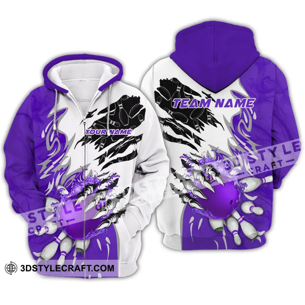 Unisex Shirt - Custom Name And Team Sport Purple Bowling Zipper Hoodie / S T-Shirt