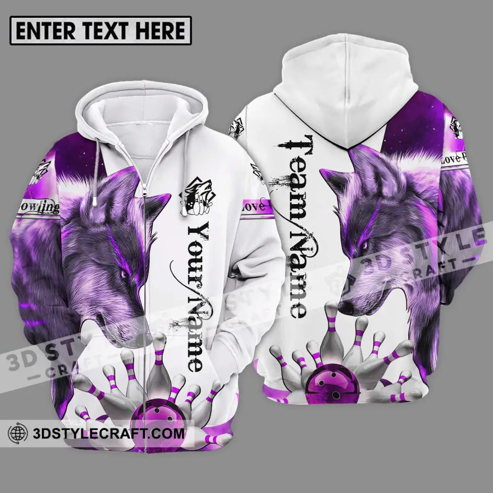 Unisex Shirt - Custom Name And Team Sport Purple Wolf Bowling Zipper Hoodie / S T-Shirt