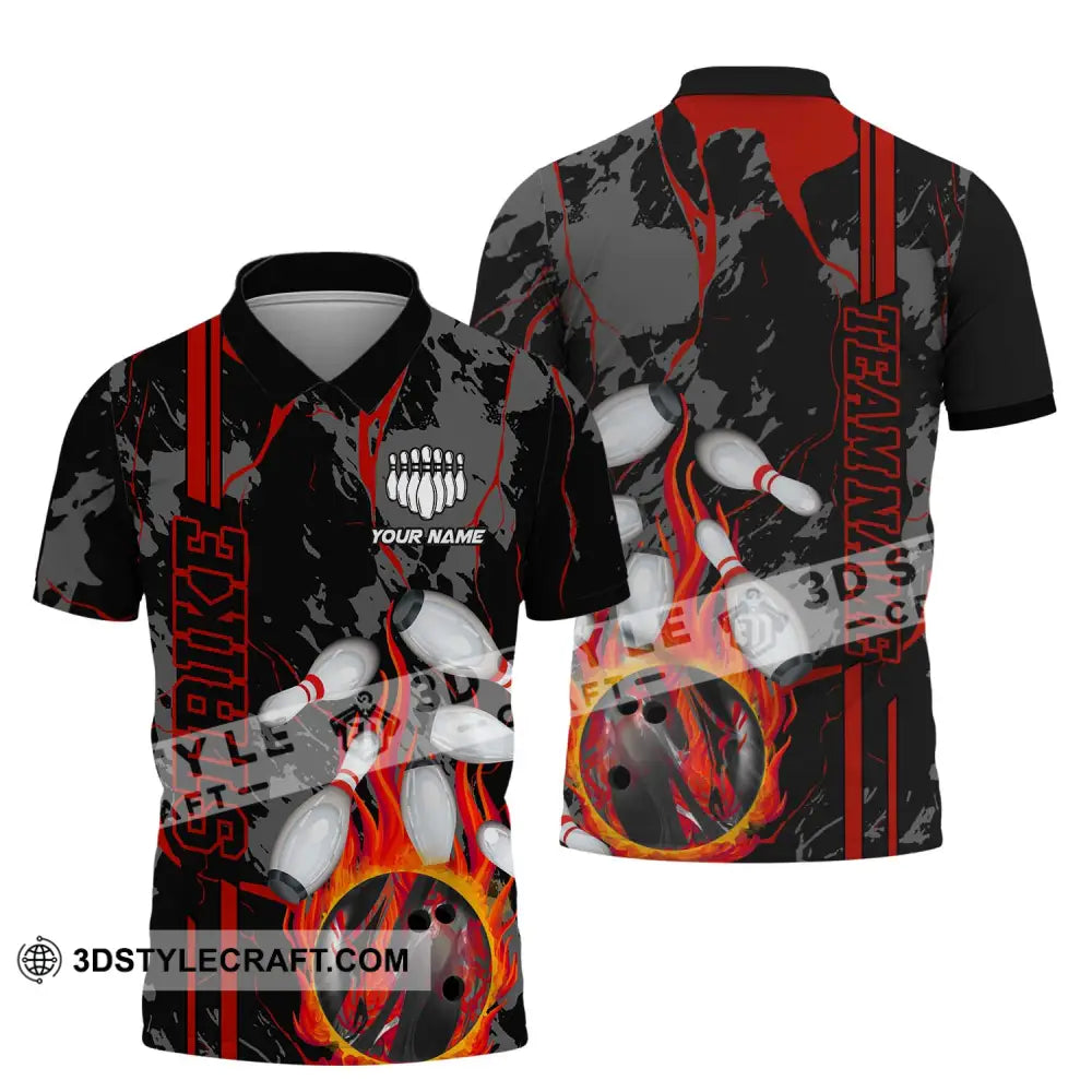 Unisex Shirt - Custom Name And Team Strike Fire Bowling Ball Player Polo / S T-Shirt