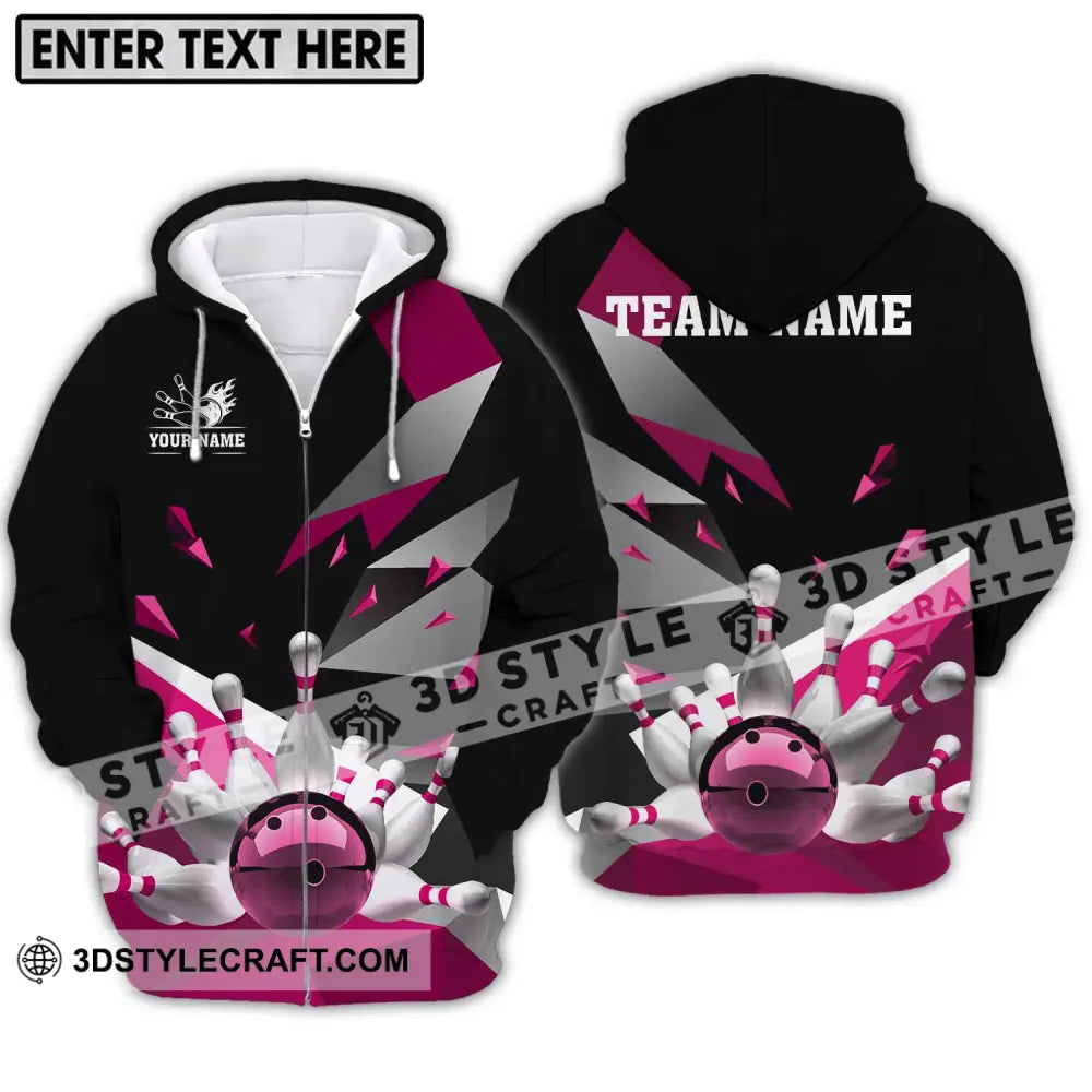 Unisex Shirt - Custom Name And Team White Bowling Pins Pink Zipper Hoodie / S T-Shirt