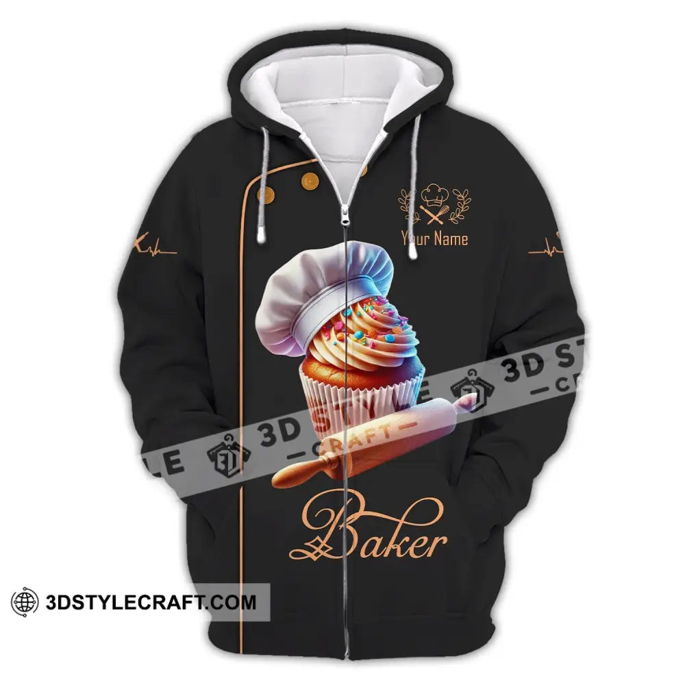 Unisex Shirt Custom Name Baker Bakery Chef Polo Long Sleeve Shop T-Shirt Zipper Hoodie / S