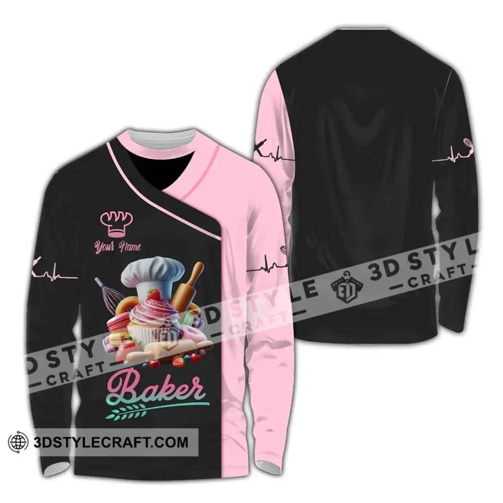 Unisex Shirt Custom Name Baker T-Shirt For Bakery Shop Uniform Gift Baking Lover Long Sleeve / S