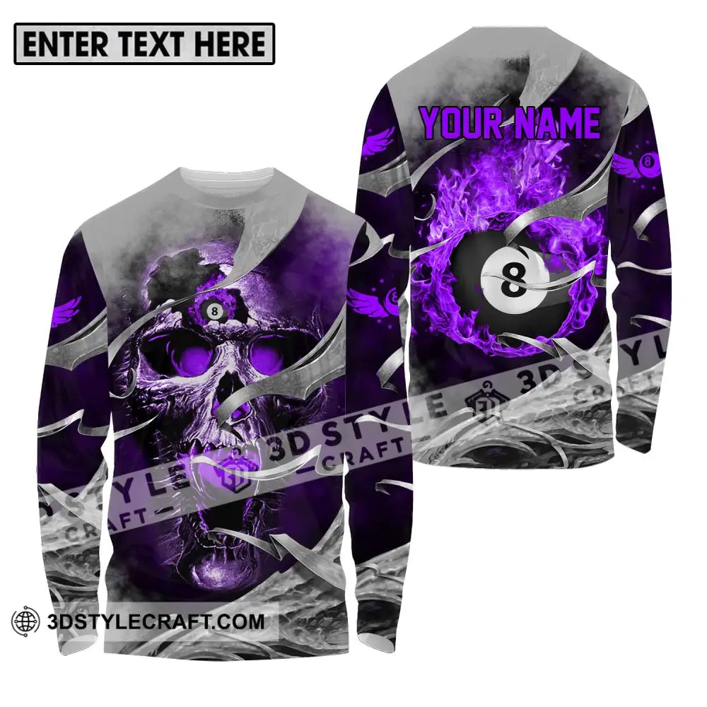 Unisex Shirt - Custom Name Billiards Purple Skull Long Sleeve / S T-Shirt