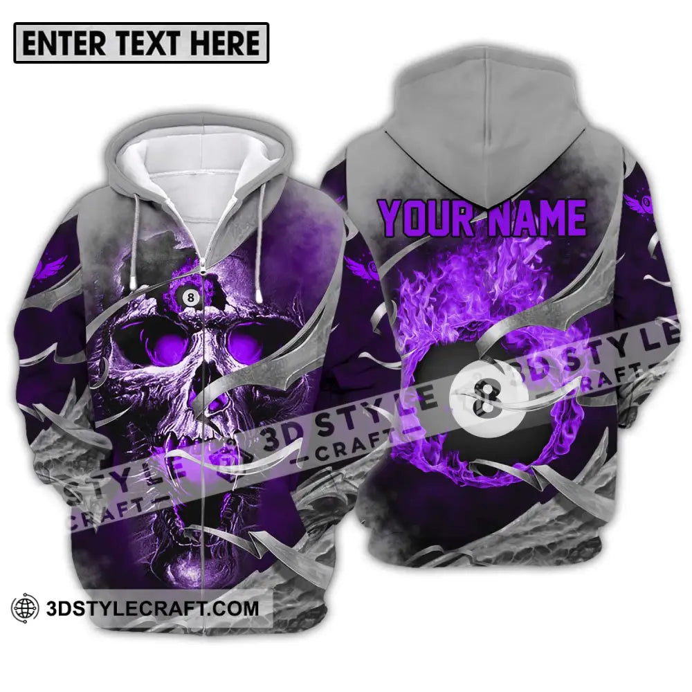 Unisex Shirt - Custom Name Billiards Purple Skull Zipper Hoodie / S T-Shirt