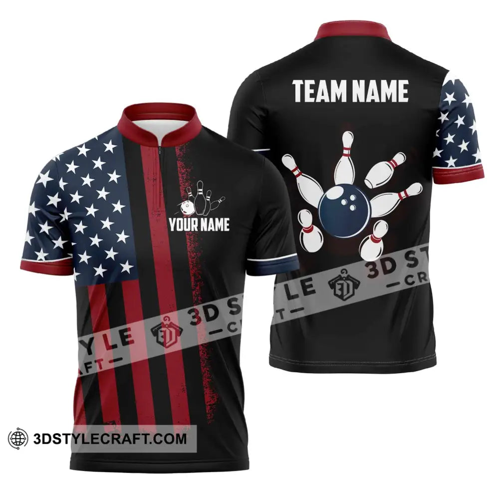 Unisex Shirt - Custom Name Bowling America Zipper Polo / S T-Shirt