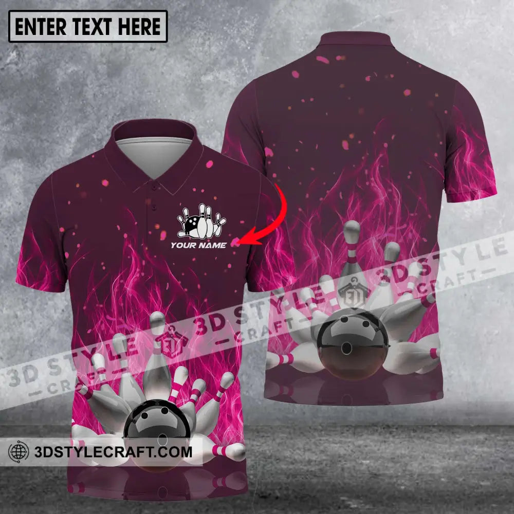 Unisex Shirt - Custom Name Bowling Ball Hot Pink Fire Polo / S T-Shirt